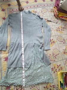 winter frendely Grey Dress with Lace Detail