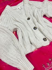 white  Knit Button-Up Cardigan