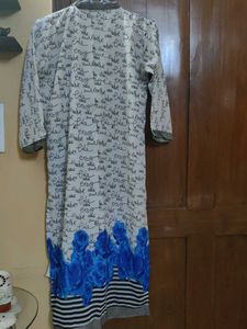 White Kurta with Blue Floral Print