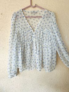 Sheer White Blouse with Blue Floral Print