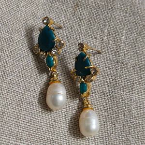 Blue stone pearl drop earrings