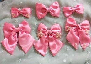 Set of 6 Pink Satin Handmade Bows with Pearls