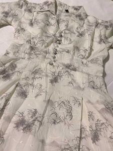 Elegant White &amp; Grey Print Midi Dress