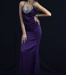 Elegant Purple Slip Dress with Rhinestone Detail