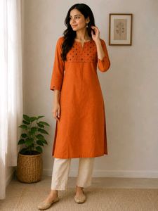 Elegant Rust Orange Kurta with Subtle Embroidery