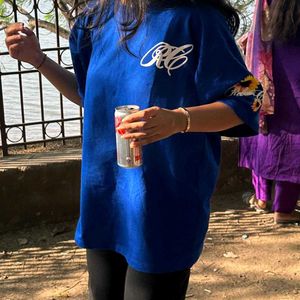 Blue Graphic Print Oversized Tee