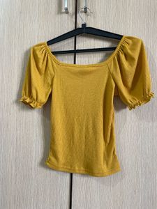 Yellow Puff Sleeve Ribbed Top