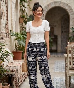 Boho Elephant Print Wide Leg Pants