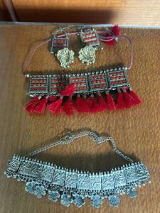 Only Red Oxideized Necklace Set Available +Jhumkas