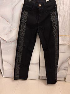 Chic Black Wide Leg Jeans with Embellished Stripes