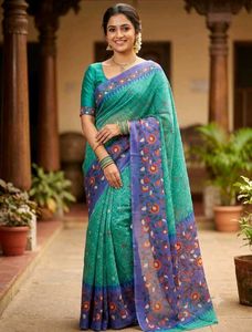 Beautiful Teal & Blue Floral Saree