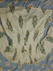 Cream Floral Smocked Kurta