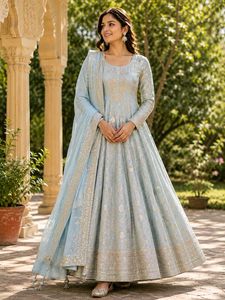 Ice Blue embroidered silk Anarkali