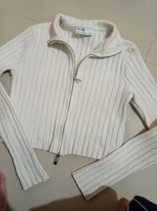 Bershka White Ribbed Knit Zip-Up Top