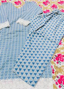 Blue Geometric Print Kurta Set with Lace