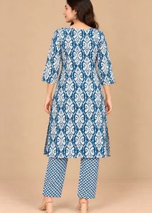 Blue &amp; White Printed Kurta Set