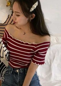 Maroon Striped Off-Shoulder crop Top