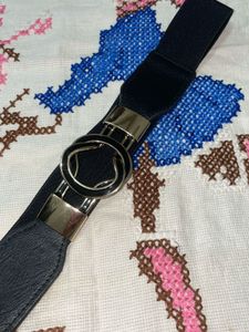 Black Elastic Belt with Silver Clasps