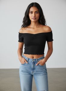 Black Off-Shoulder Ruched Crop Top