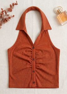 Ribbed Halter Neck Button-Up Top