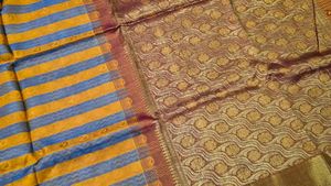 Elegant Yellow &amp; Grey Striped Saree