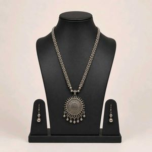 Oxidized Silver Sun Pendant Necklace Set