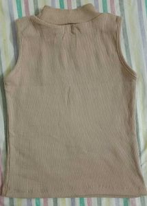 Ribbed Mock Neck Sleeveless Top - beige