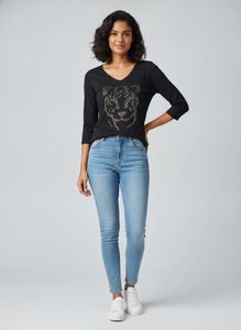 black casual top with embellished tiger imprint