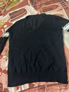 Black V-Neck Top with Striped Sleeves