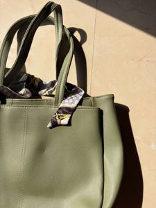 Olive Green Tote Bag with Scarf Accent