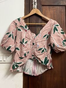Pink Floral Ruched Crop Top