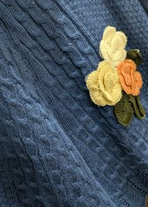 Blue Cable Knit Sweater with Floral Applique