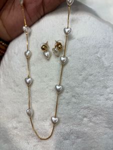 Heart Pearl Necklace & Earrings Set