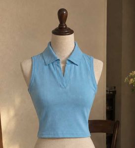 Sleeveless Ice Blue Collared Crop Top