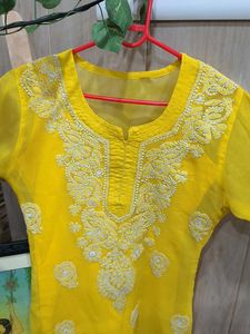 Yellow Chikan Embroidery Kurti