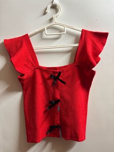 Red Flutter Sleeve Top with Bow Detail