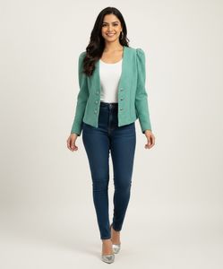 Green textured Puff Sleeve shrug