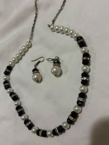 Pearl & Black Bead Necklace with Earrings Set
