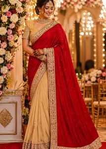 🔥SALE🔥Elegant Red &amp; Cream Embroidered Saree