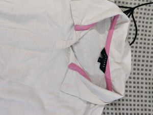 White &amp; Pink Striped Sleeve Polo neck tshirt