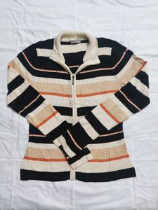 Striped Zip-Up Knit Sweater