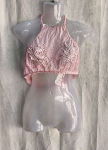 7410. Pink Floral Embellished Crop Top
