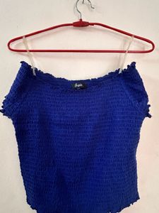 Blue Off-Shoulder Smocked Crop Top