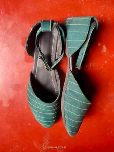 Stylish Teal Striped Flats with Ankle Strap