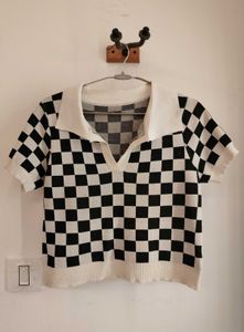 URBANIC Checkerboard Knit Collared Top 🖤✨