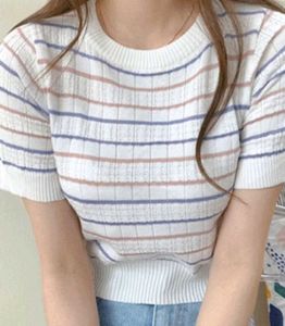 Korean Striped Cropped Knit Top