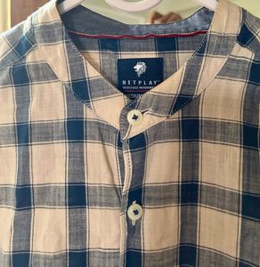 Men's Beige &amp; Blue Checked Shirt