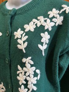 Green Embroidered Button-Up Cardigan