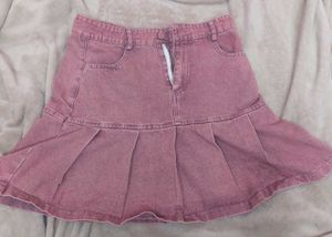 Cute Pink Pleated Denim Skirt
