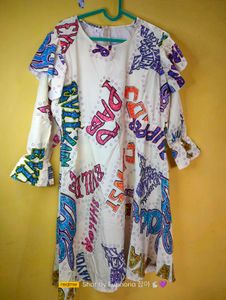 Graphic Print Dress with Ruffle Sleeves